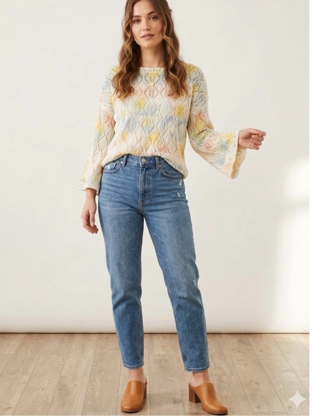 POL Watercolor Open-Knit Tie-Dye Crochet Sweater